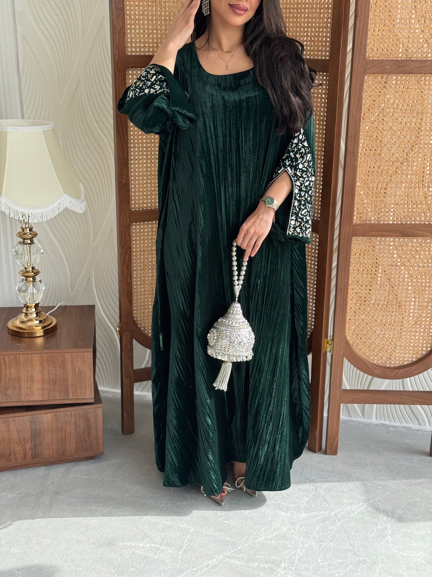 FAB251-Royal Green Velvet Crystals Embroidered A-Cut Jalabiya