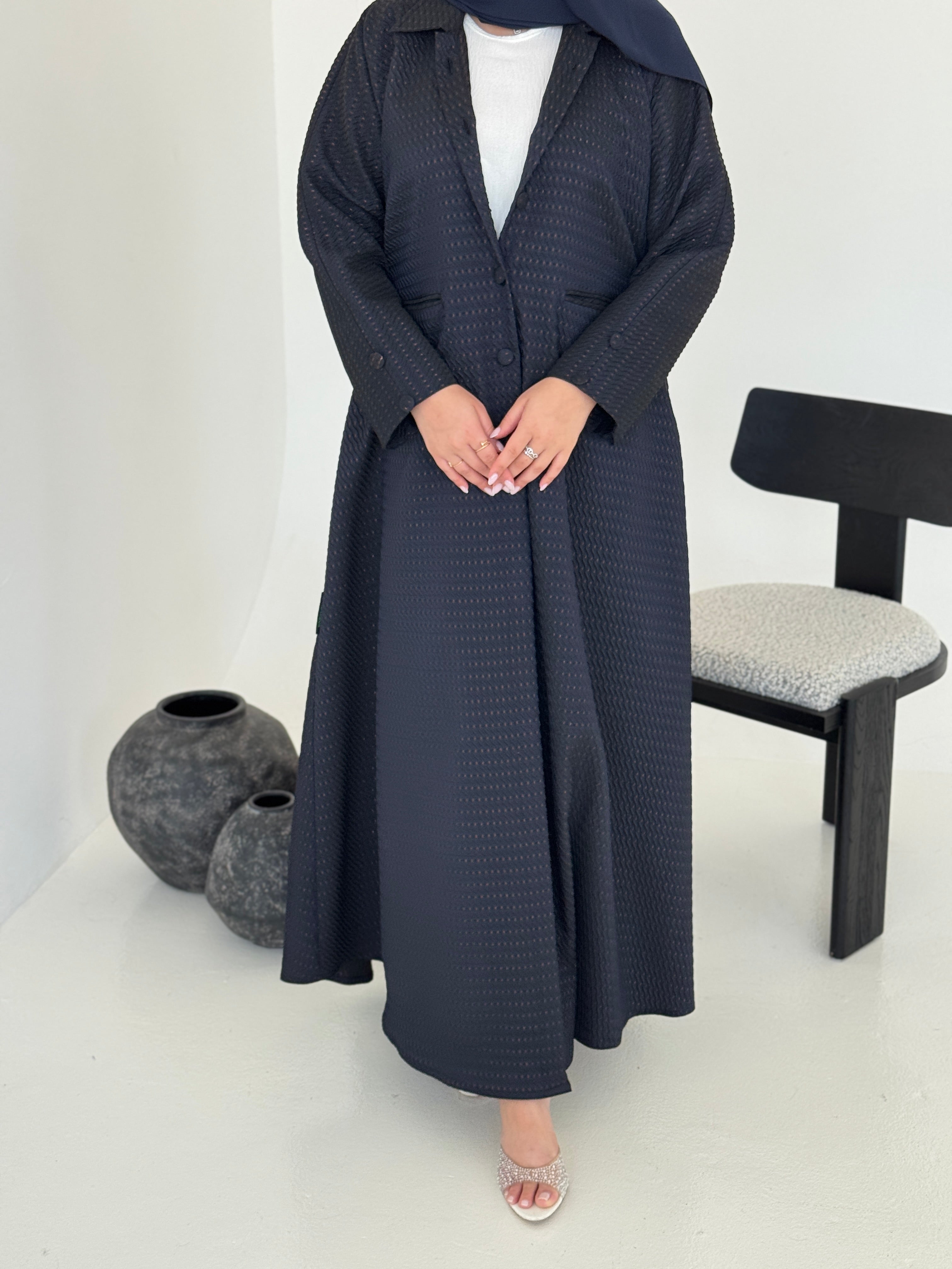 FAB228-Navy Blue Textured Classic Jacquard Abaya with headscarf
