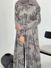 FAB225- Brown Grey Printed Floral A-Cut Abaya