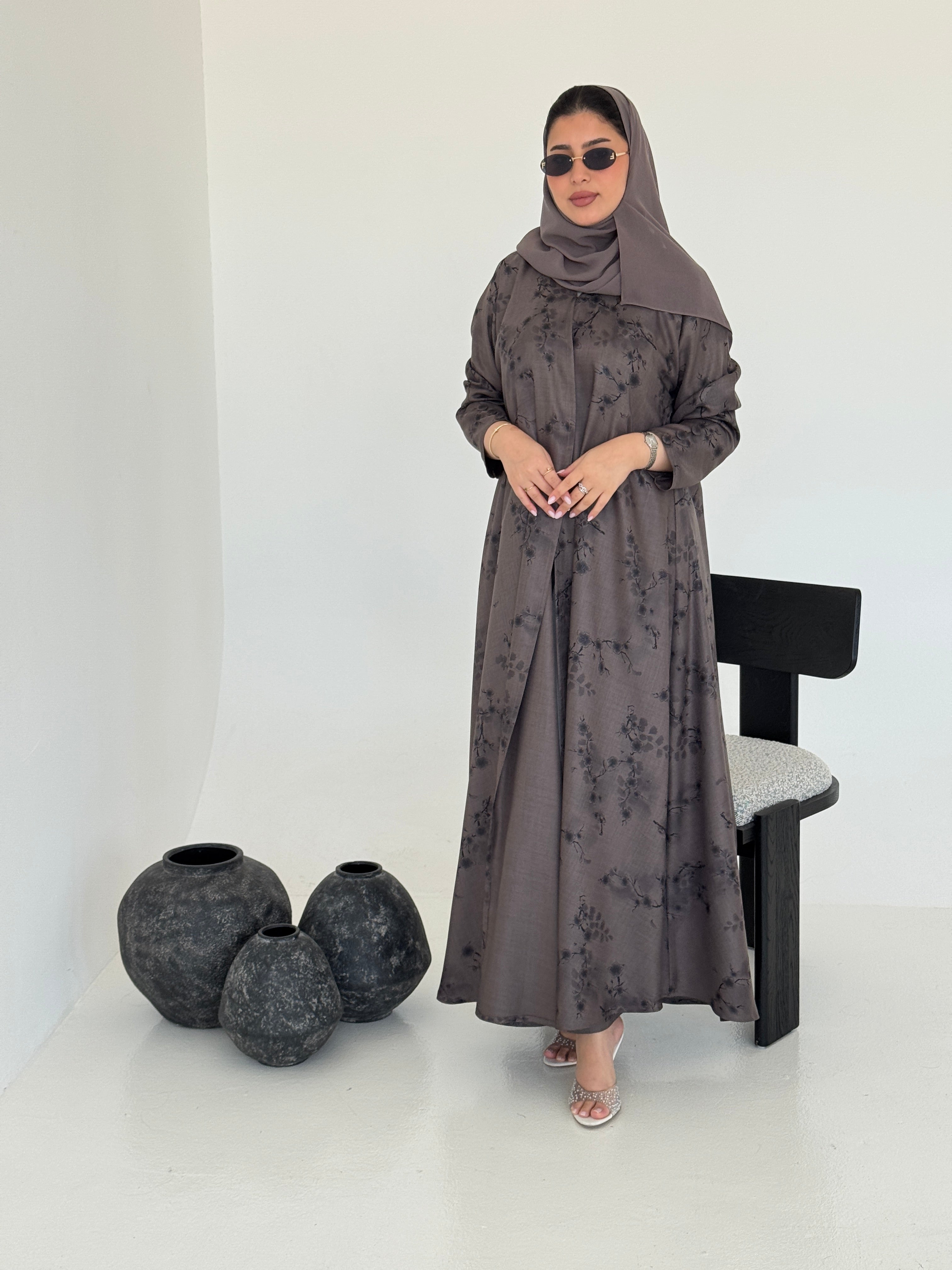 FAB224- Brown Printed Floral A-Cut Abaya