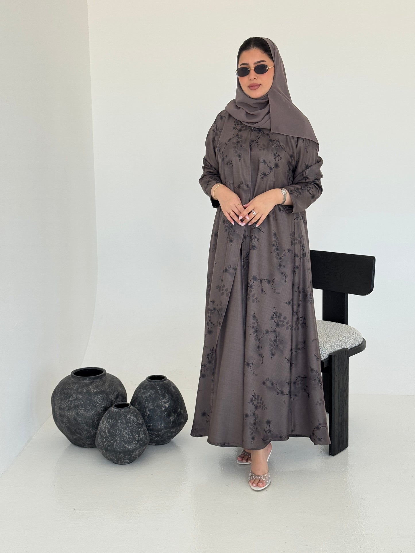 FAB224- Brown Printed Floral A-Cut Abaya