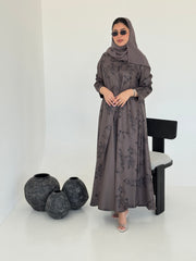 FAB224- Brown Printed Floral A-Cut Abaya