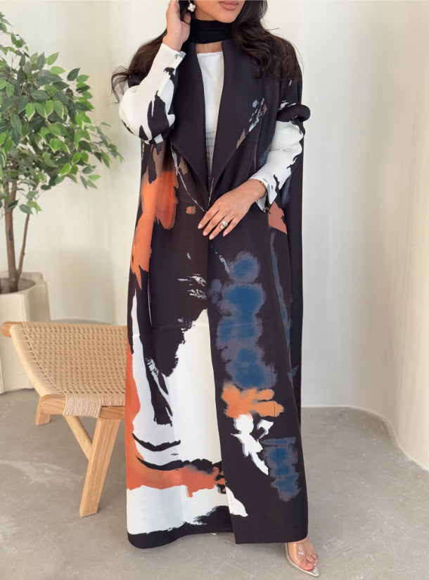 FAB142 - Black Orange Pattern Pleats Abaya