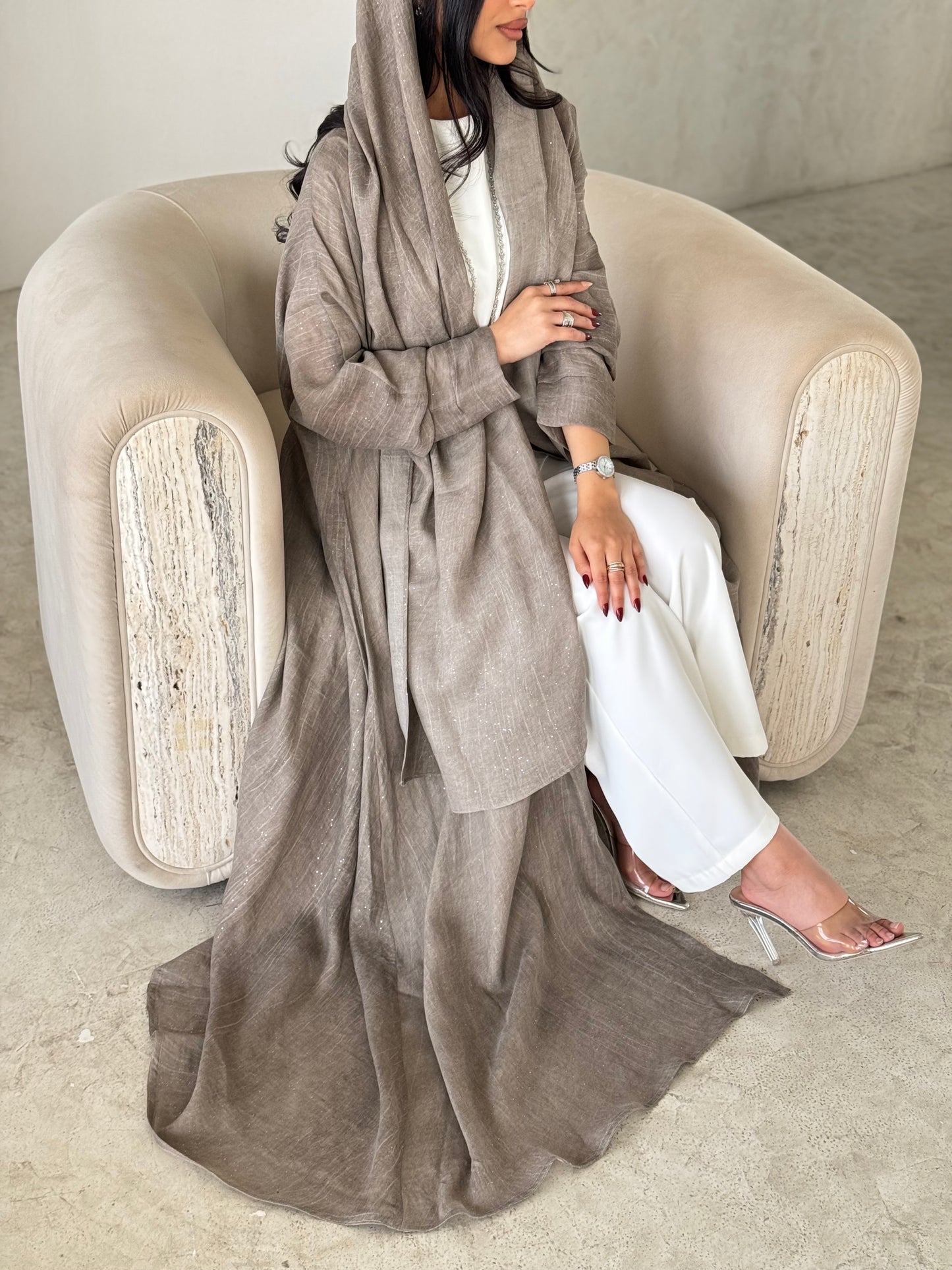 FAB168- Beige Linen Glitter A-Cut Abaya