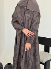 FAB224- Brown Printed Floral A-Cut Abaya