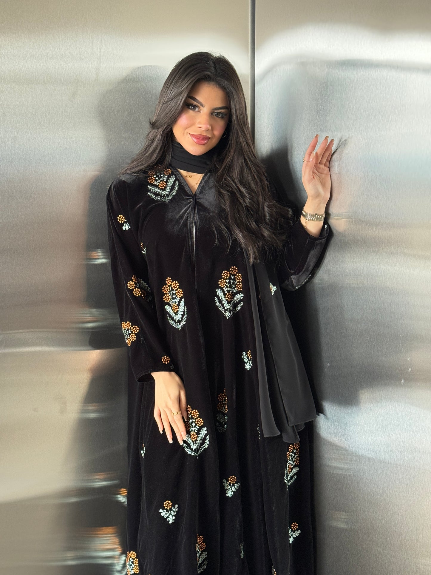 FAB247- Black Velvet with Orange Embroidery A-Cut Abaya Set