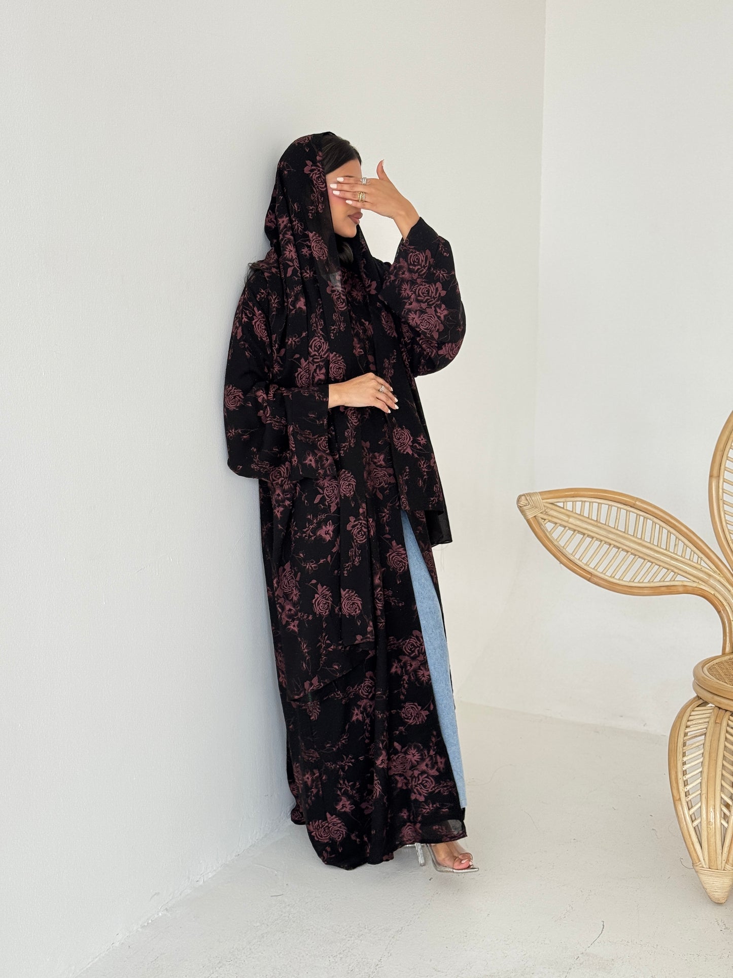 FAB202-Red Black Chiffon Pattern Summer Abaya with headscarf