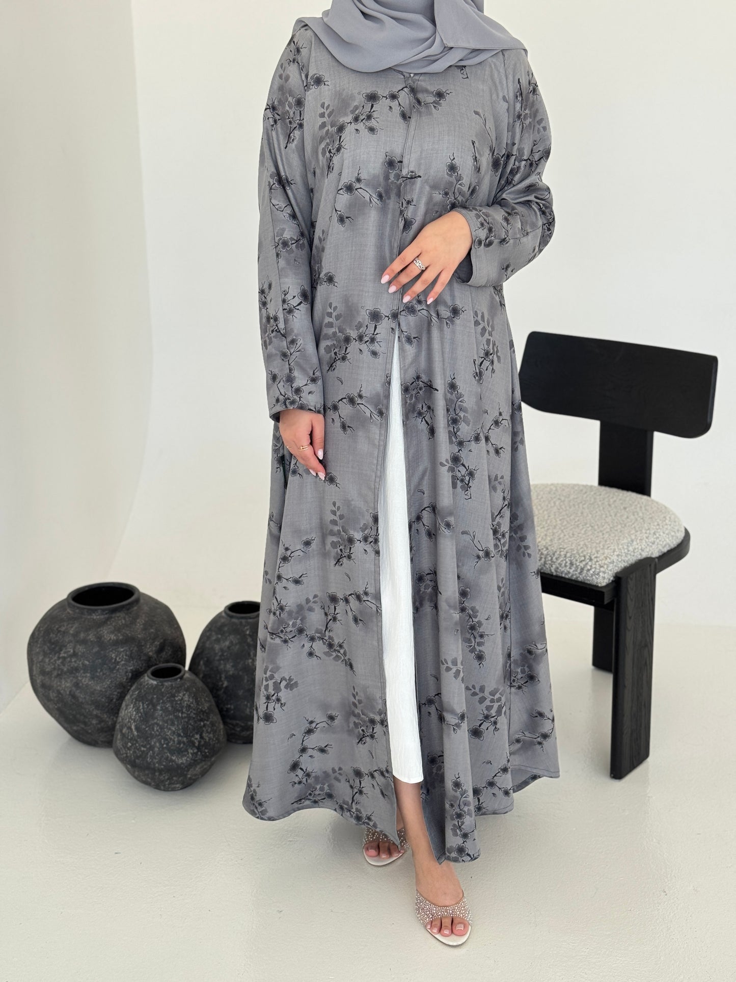 FAB222- Grey Printed Floral A-Cut Abaya