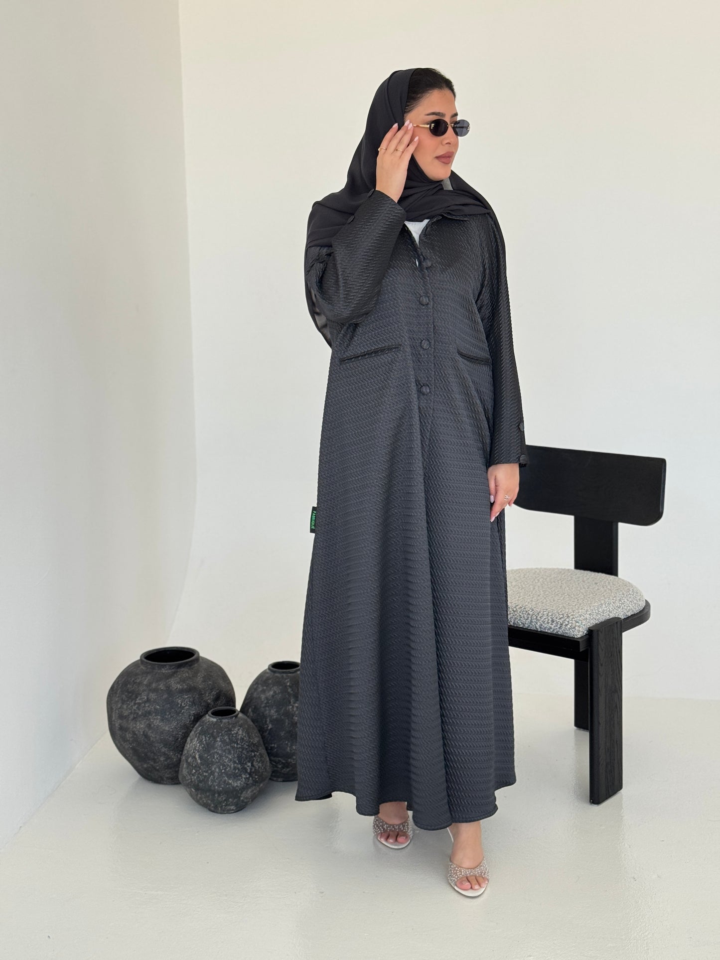 FAB227-Grey Textured Classic Jacquard Abaya with headscarf