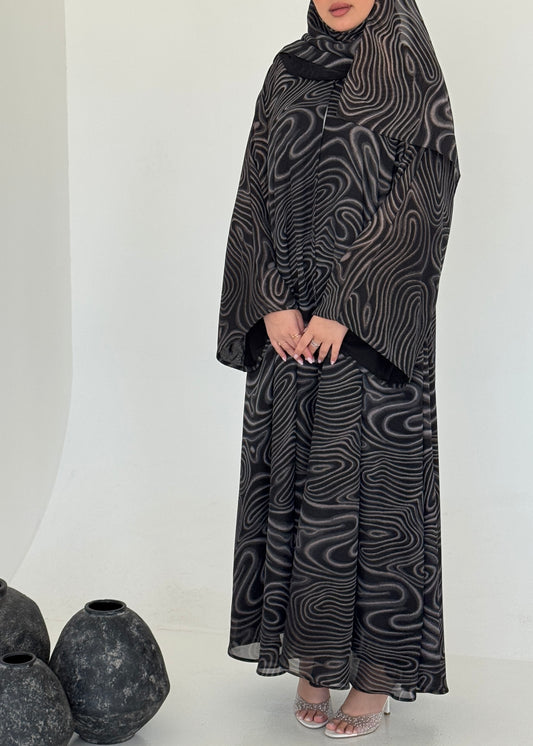 FAB221- Black Swirl with Gold Shimmer Chiffon Abaya Set