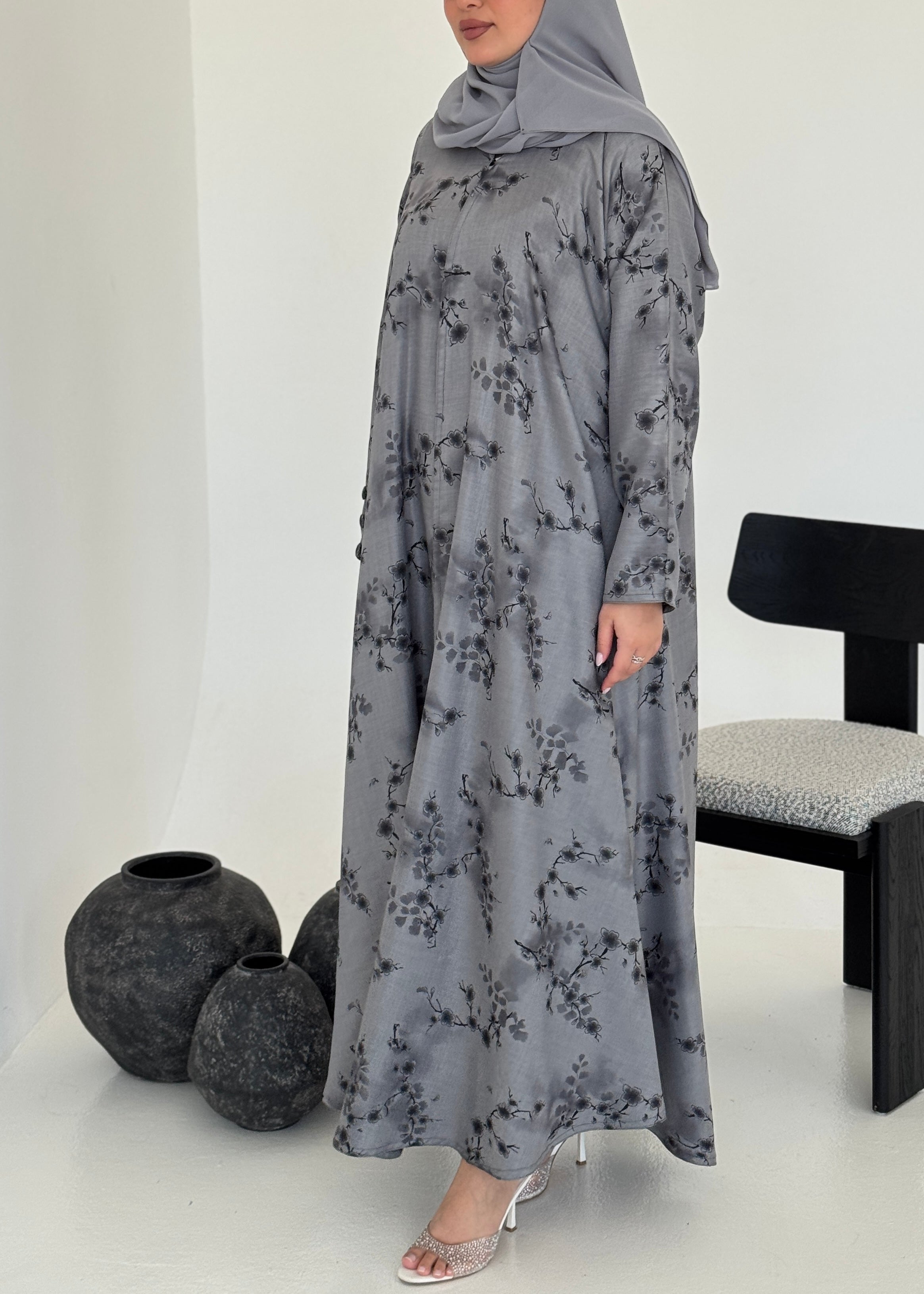 FAB222- Grey Printed Floral A-Cut Abaya