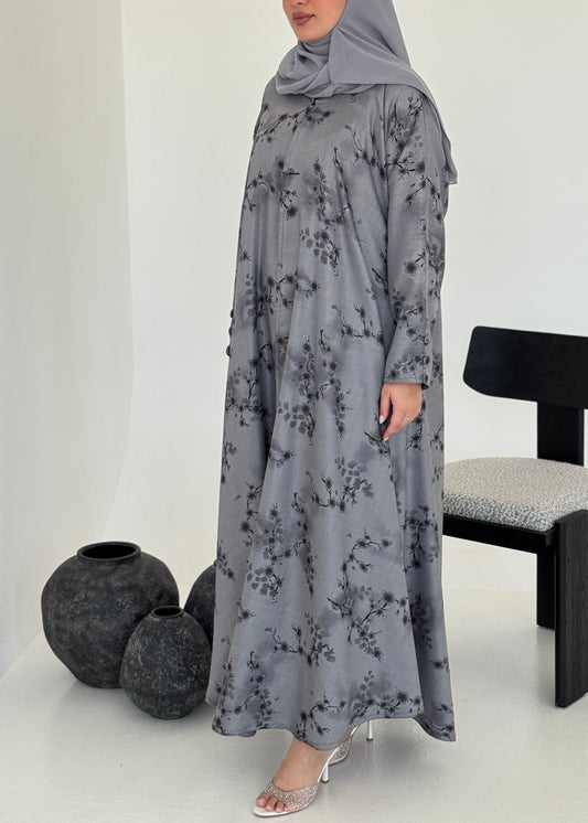 FAB222- Grey Printed Floral A-Cut Abaya