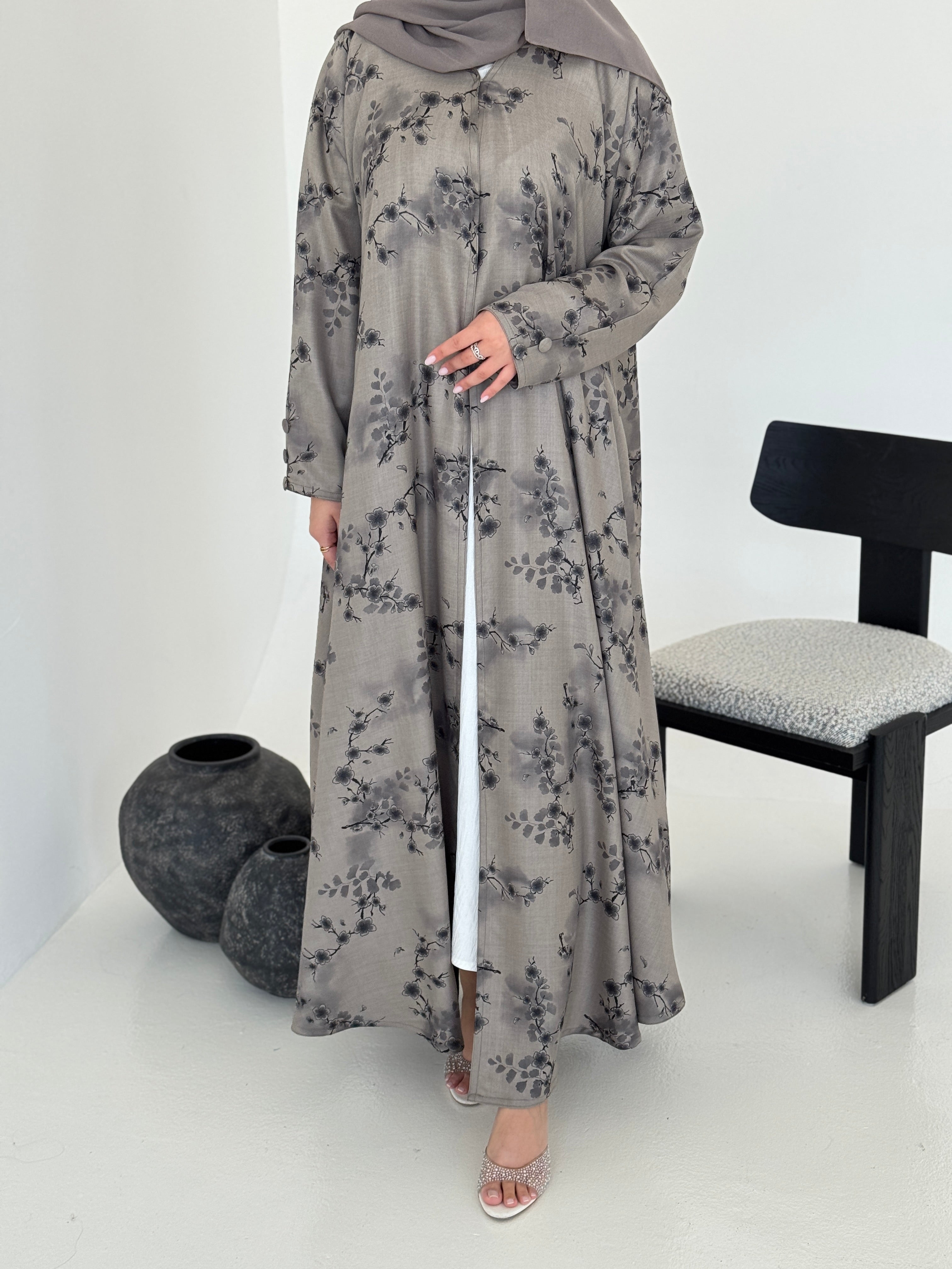 FAB225- Brown Grey Printed Floral A-Cut Abaya