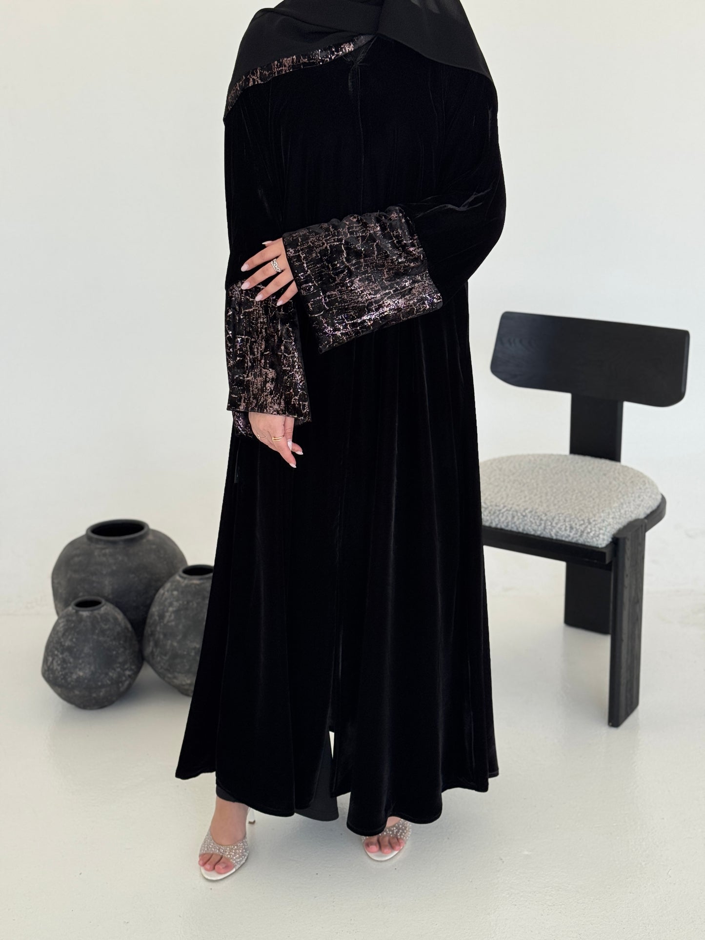 FAB245-Rose Metallic Black Velvet Abaya with Metallic pipping headscarf