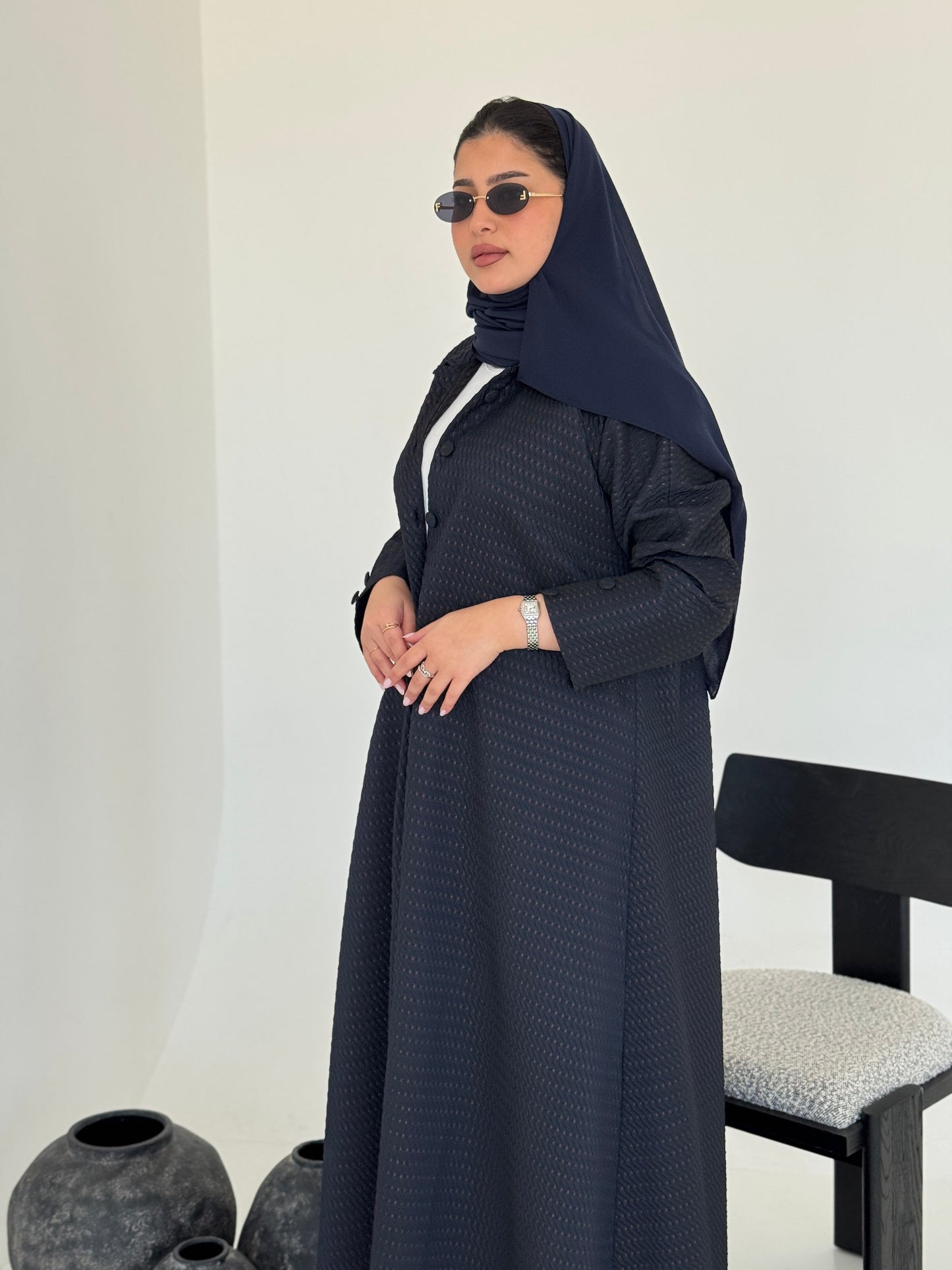 FAB228-Navy Blue Textured Classic Jacquard Abaya with headscarf
