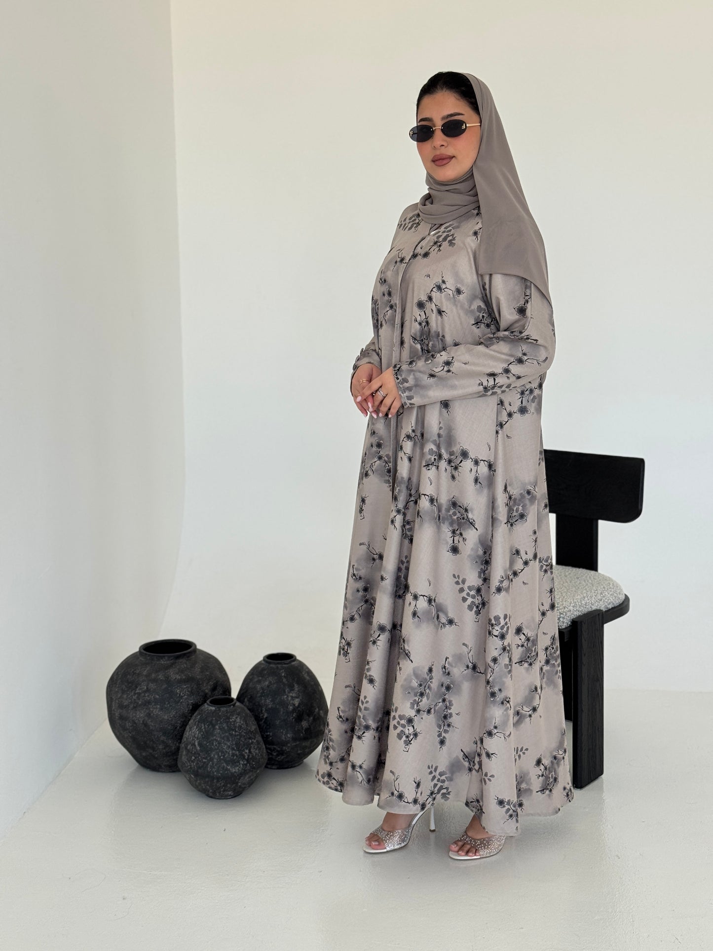 FAB223- Light Beige Printed Floral A-Cut Abaya