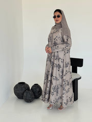 FAB223- Light Beige Printed Floral A-Cut Abaya