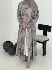 FAB223- Light Beige Printed Floral A-Cut Abaya