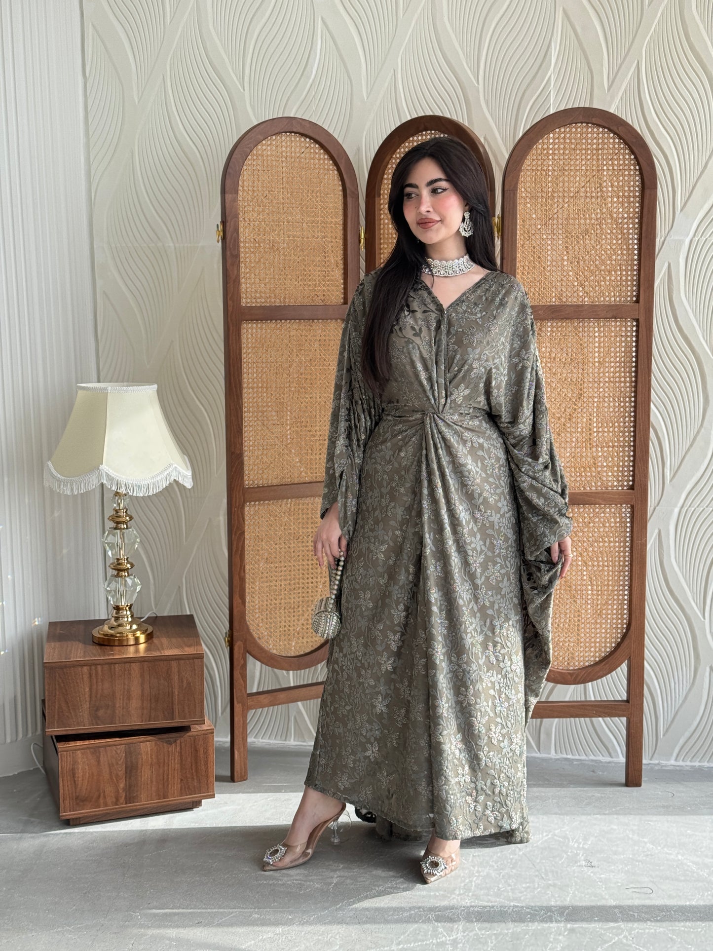 FAB259- Bronze Olive wrap jalabiya with velvet floral shimmer