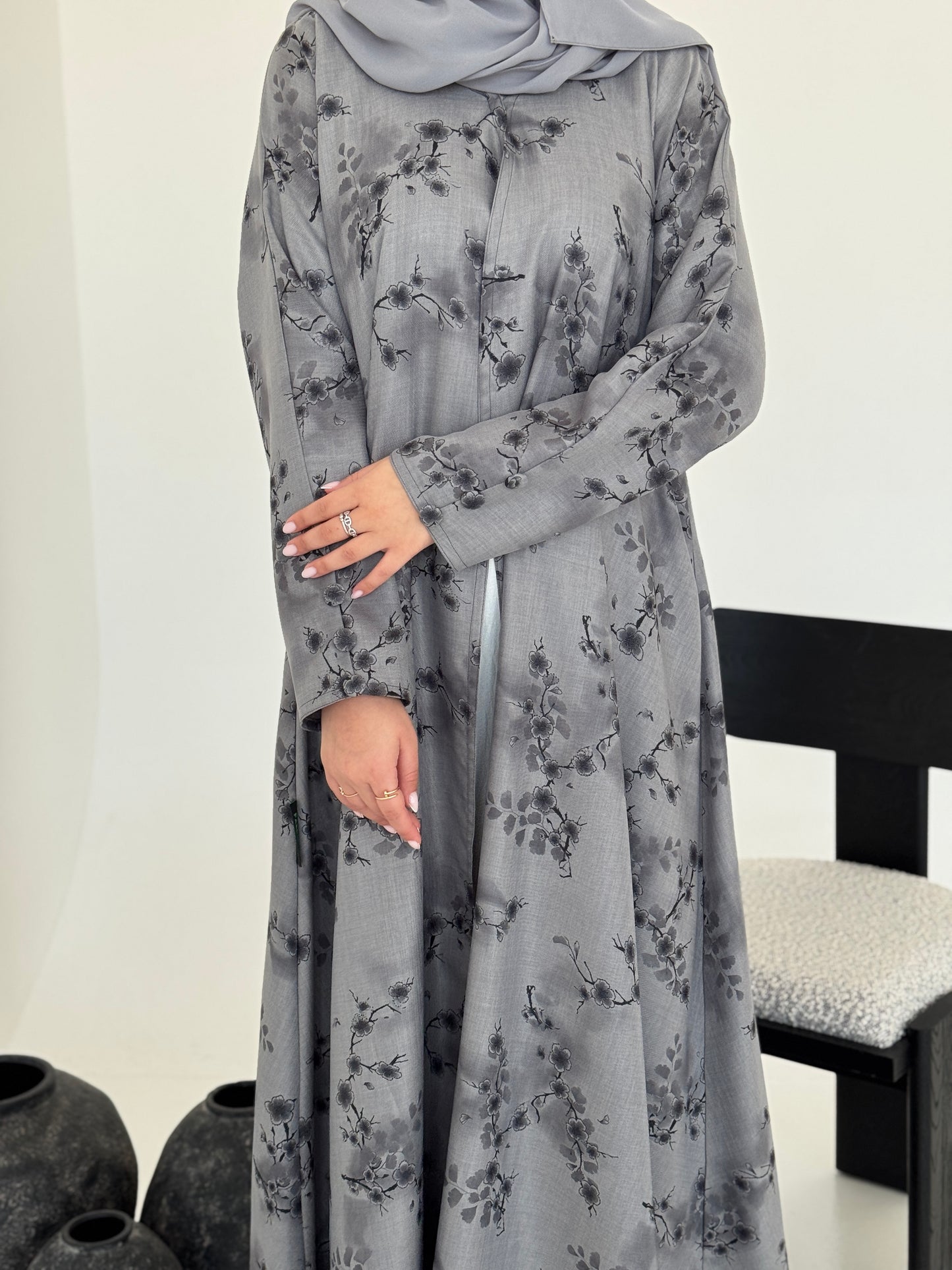 FAB222- Grey Printed Floral A-Cut Abaya