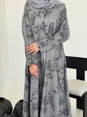 FAB222- Grey Printed Floral A-Cut Abaya