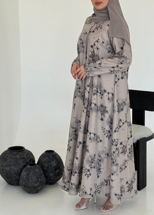 FAB223- Light Beige Printed Floral A-Cut Abaya