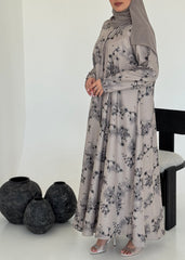 FAB223- Light Beige Printed Floral A-Cut Abaya