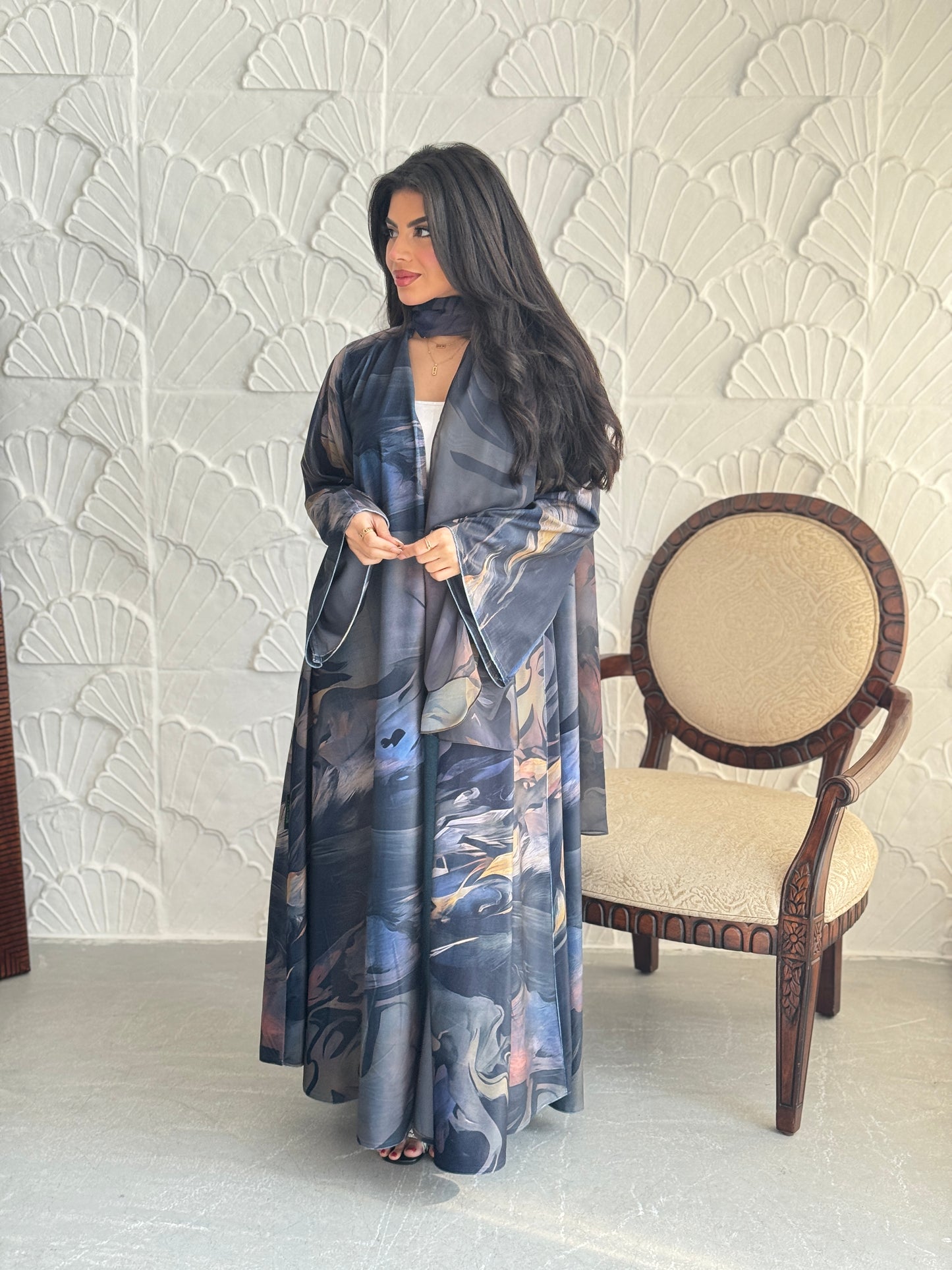 FAB241-Light Black Patterned Printed Velvet A-Cut Abaya Set