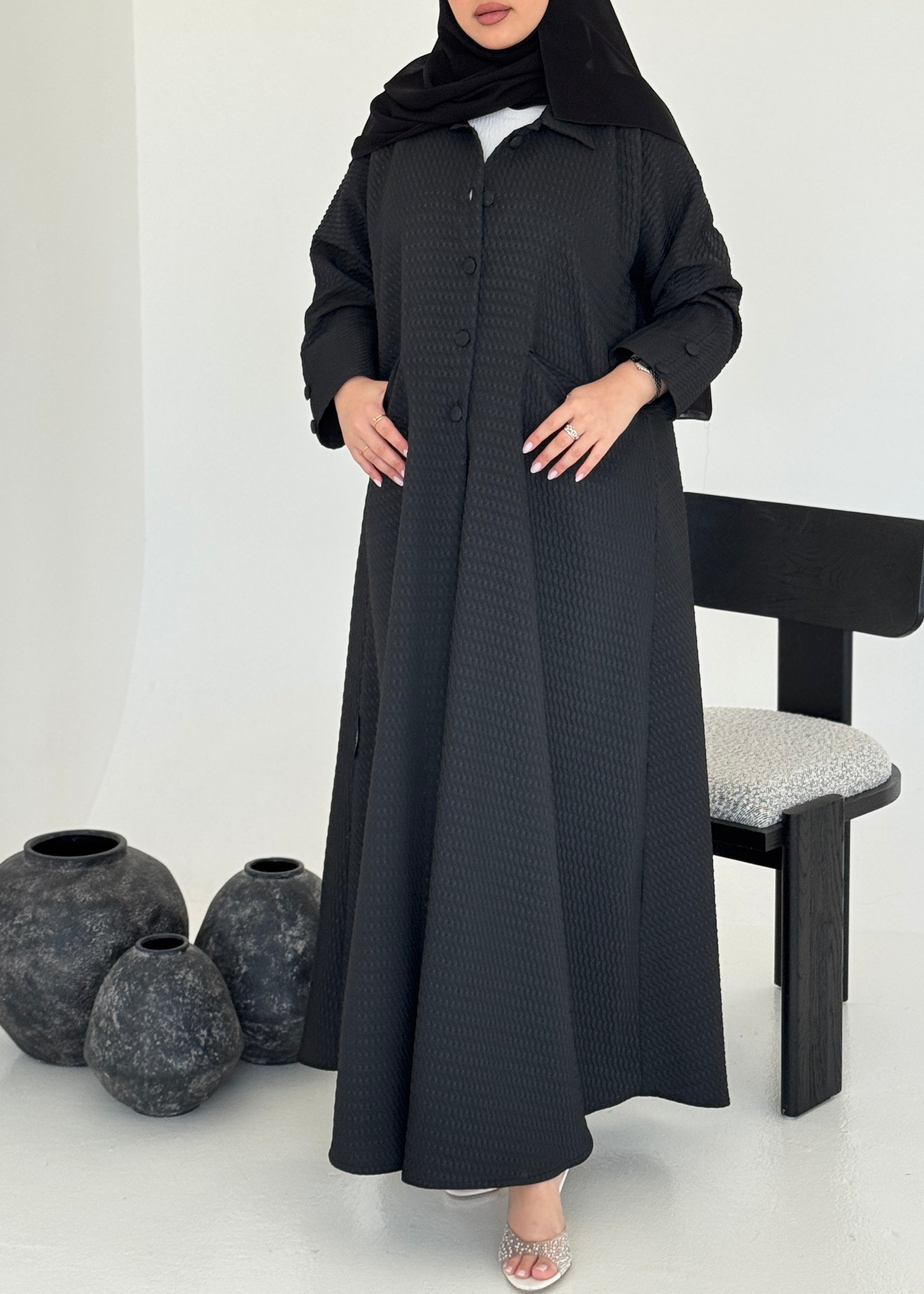 FAB226-Black Textured Classic Jacquard Abaya with headscarf