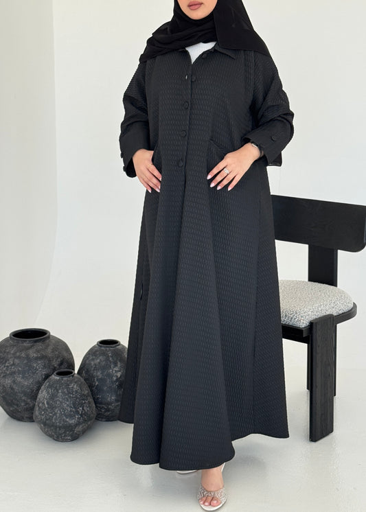 FAB226-Black Textured Classic Jacquard Abaya with headscarf