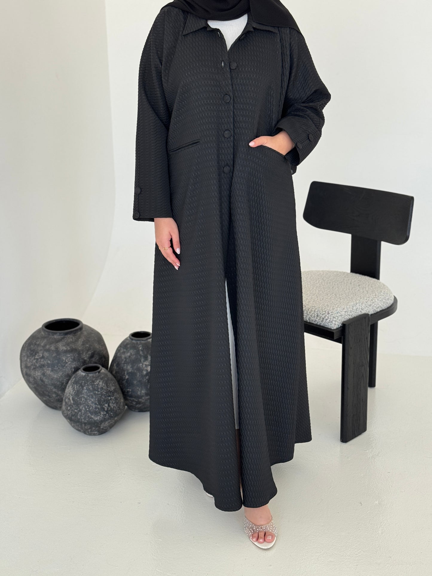 FAB226-Black Textured Classic Jacquard Abaya with headscarf