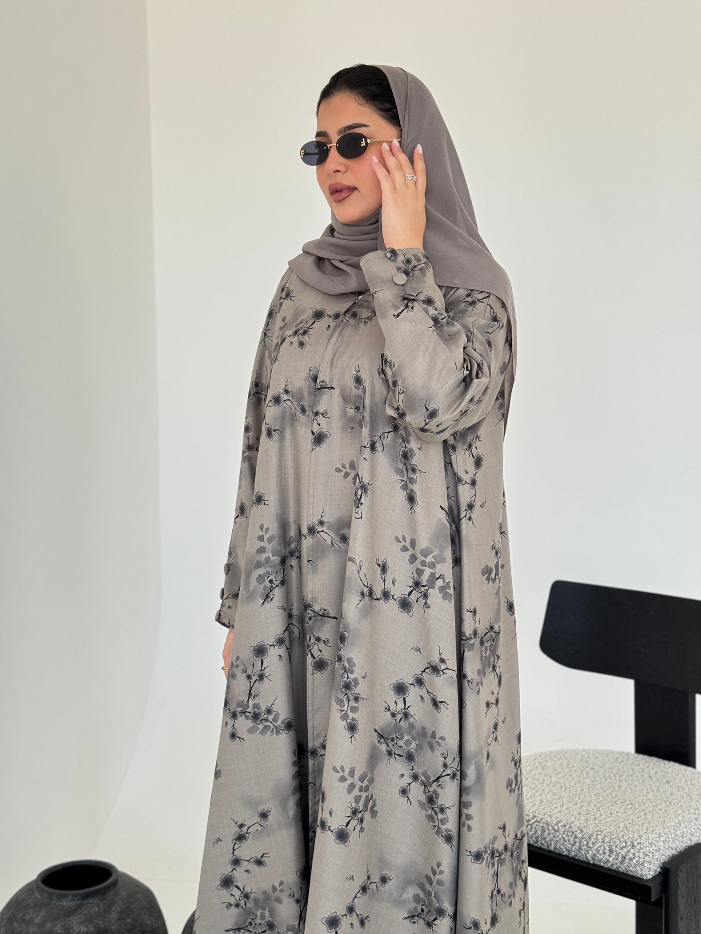 FAB225- Brown Grey Printed Floral A-Cut Abaya