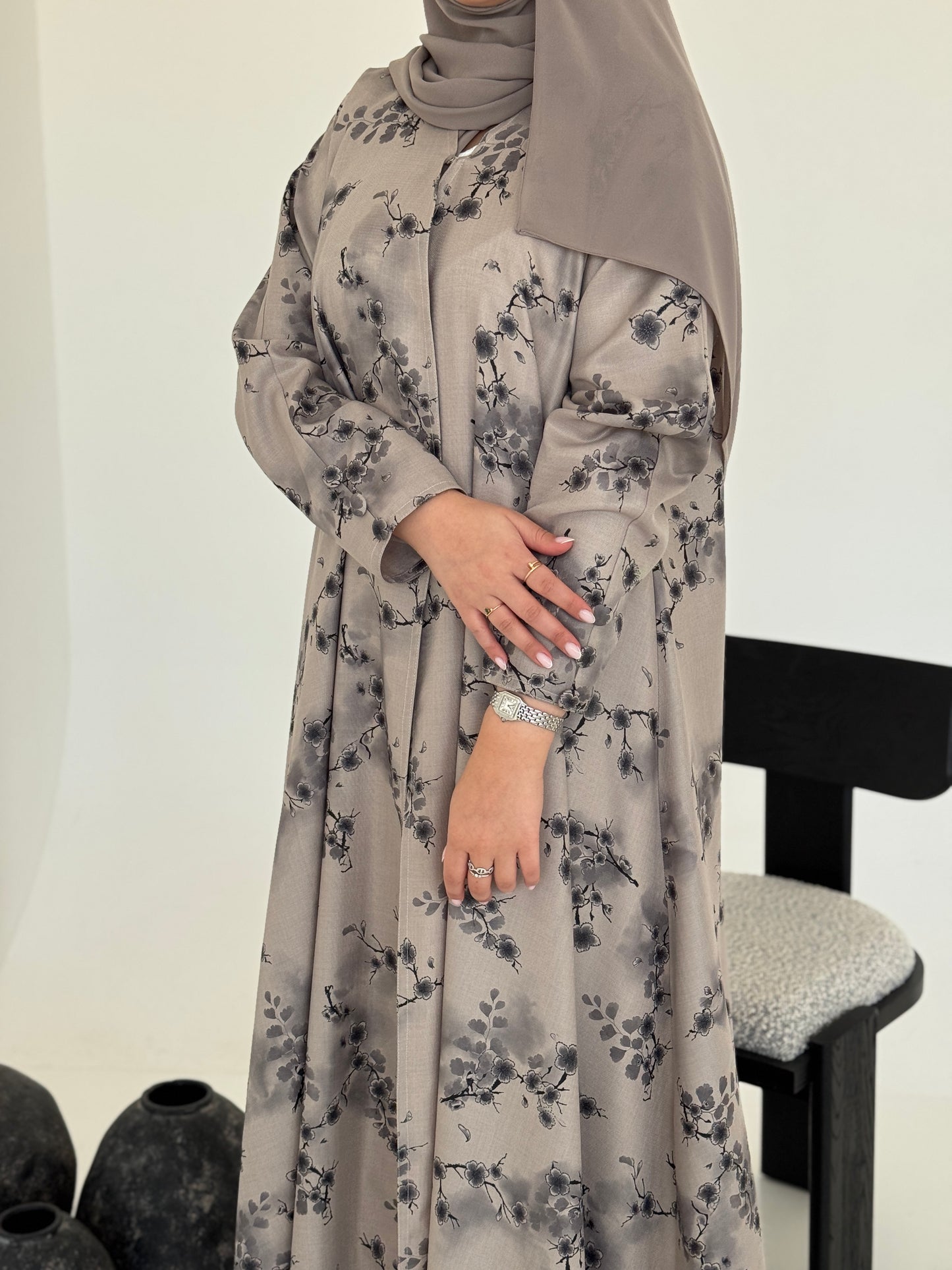 FAB223- Light Beige Printed Floral A-Cut Abaya