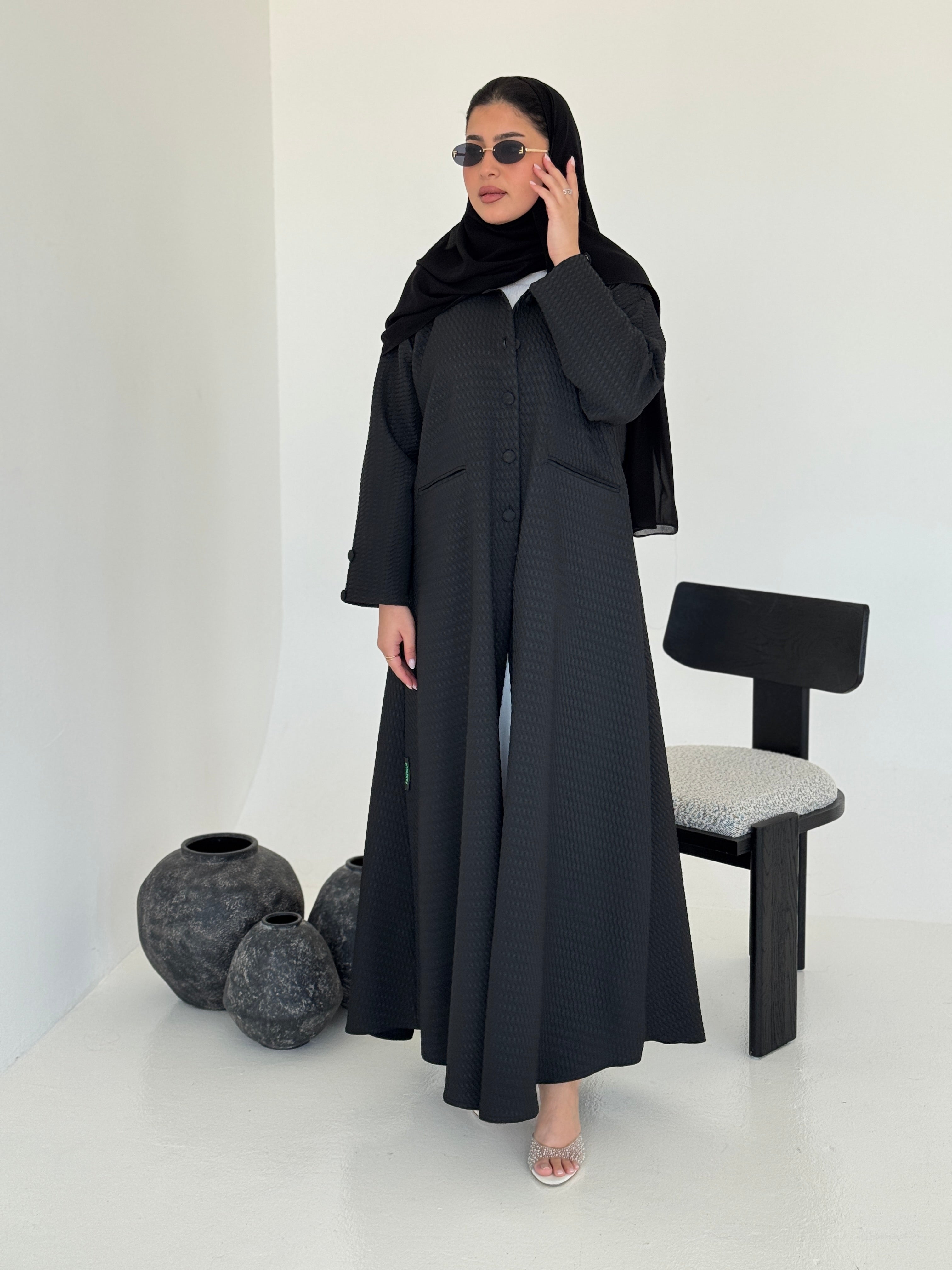 FAB226-Black Textured Classic Jacquard Abaya with headscarf