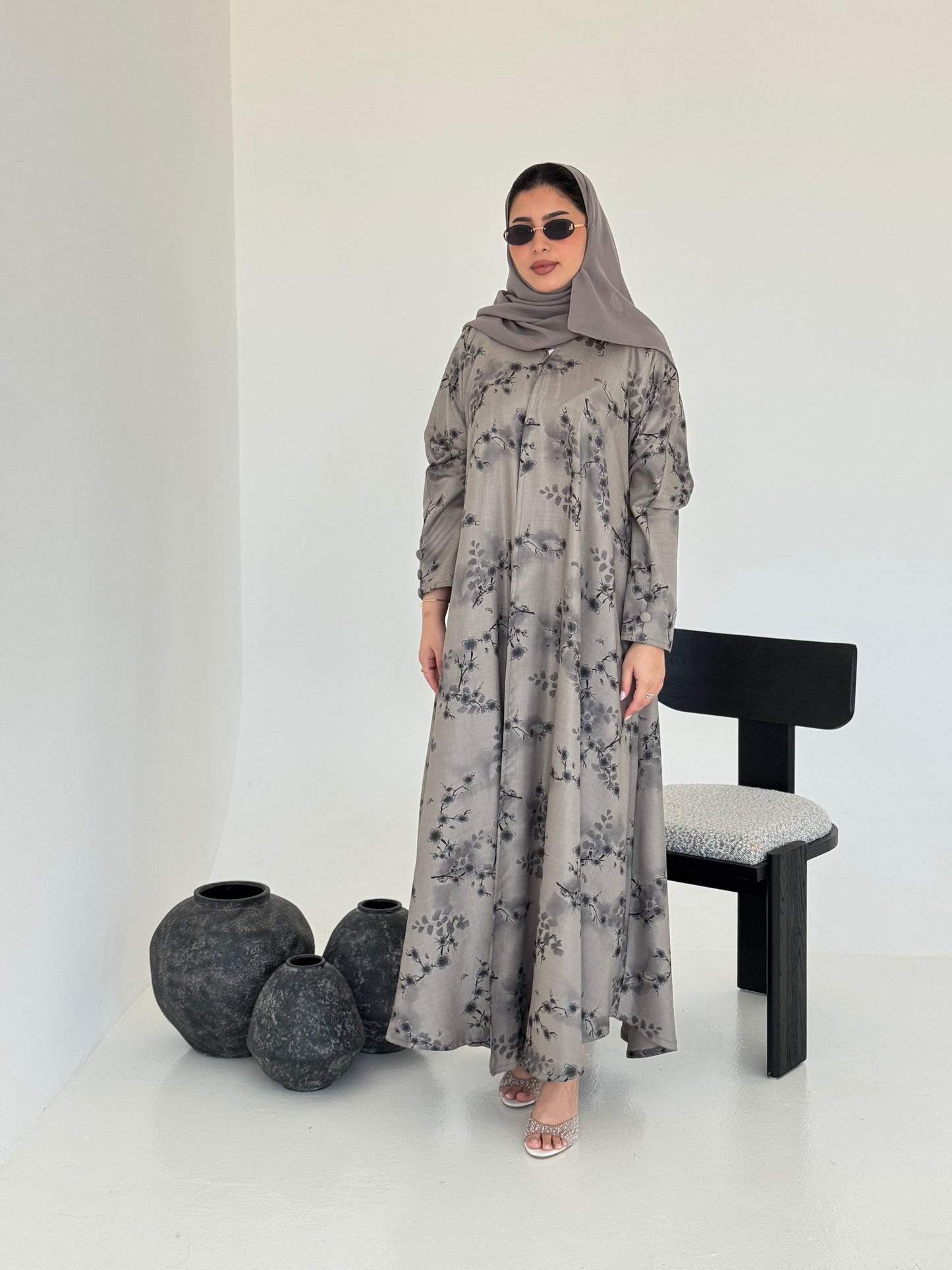 FAB225- Brown Grey Printed Floral A-Cut Abaya