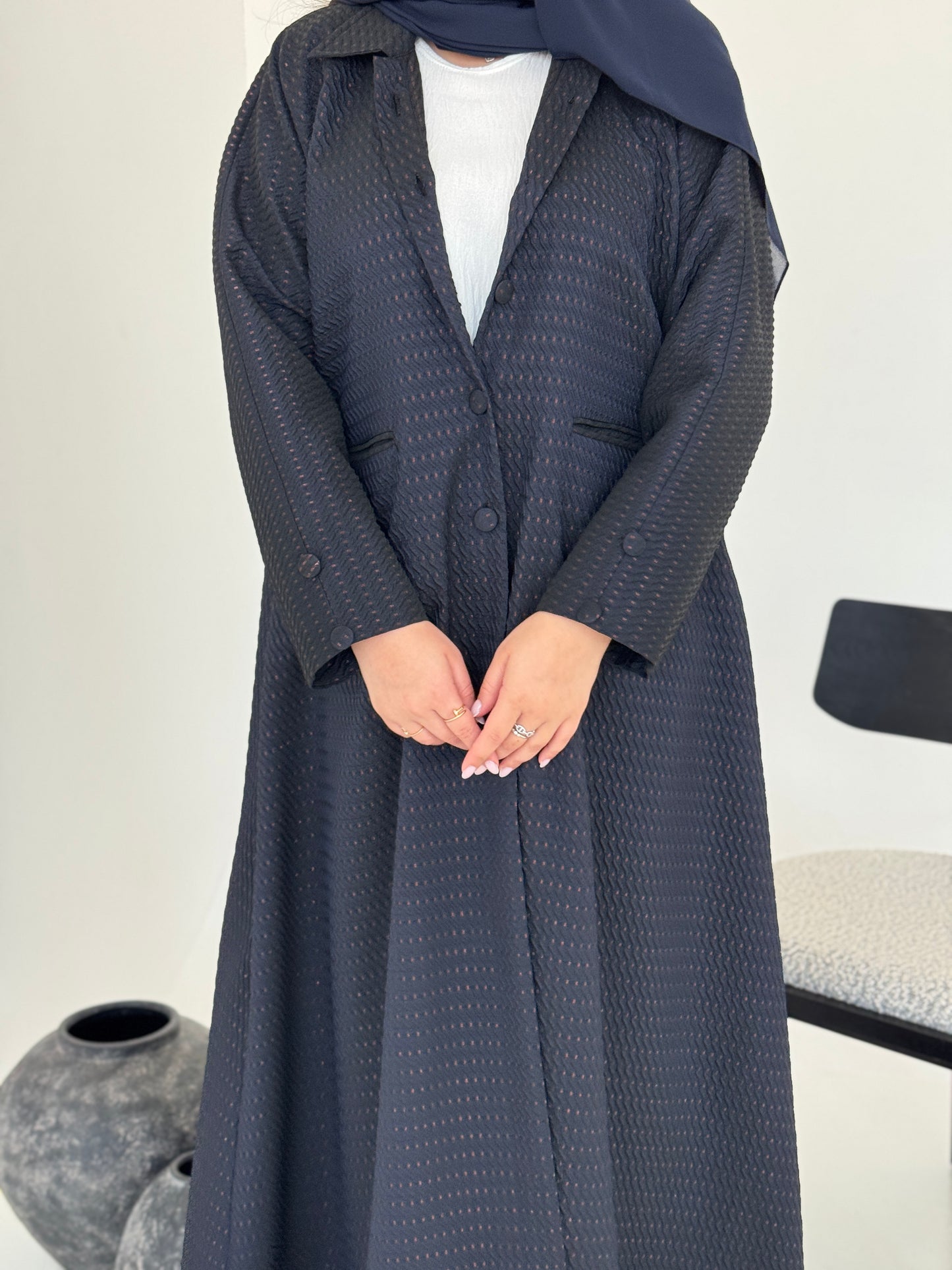 FAB228-Navy Blue Textured Classic Jacquard Abaya with headscarf