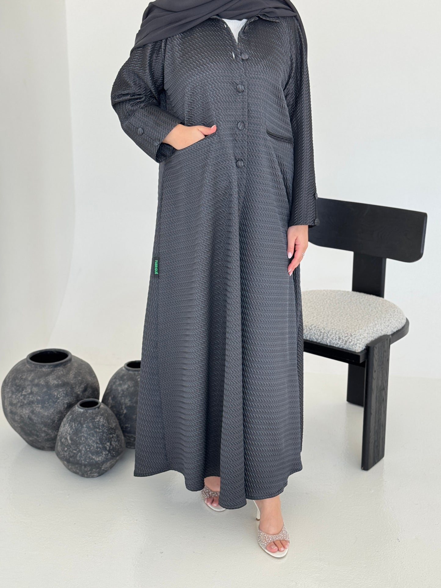 FAB227-Grey Textured Classic Jacquard Abaya with headscarf
