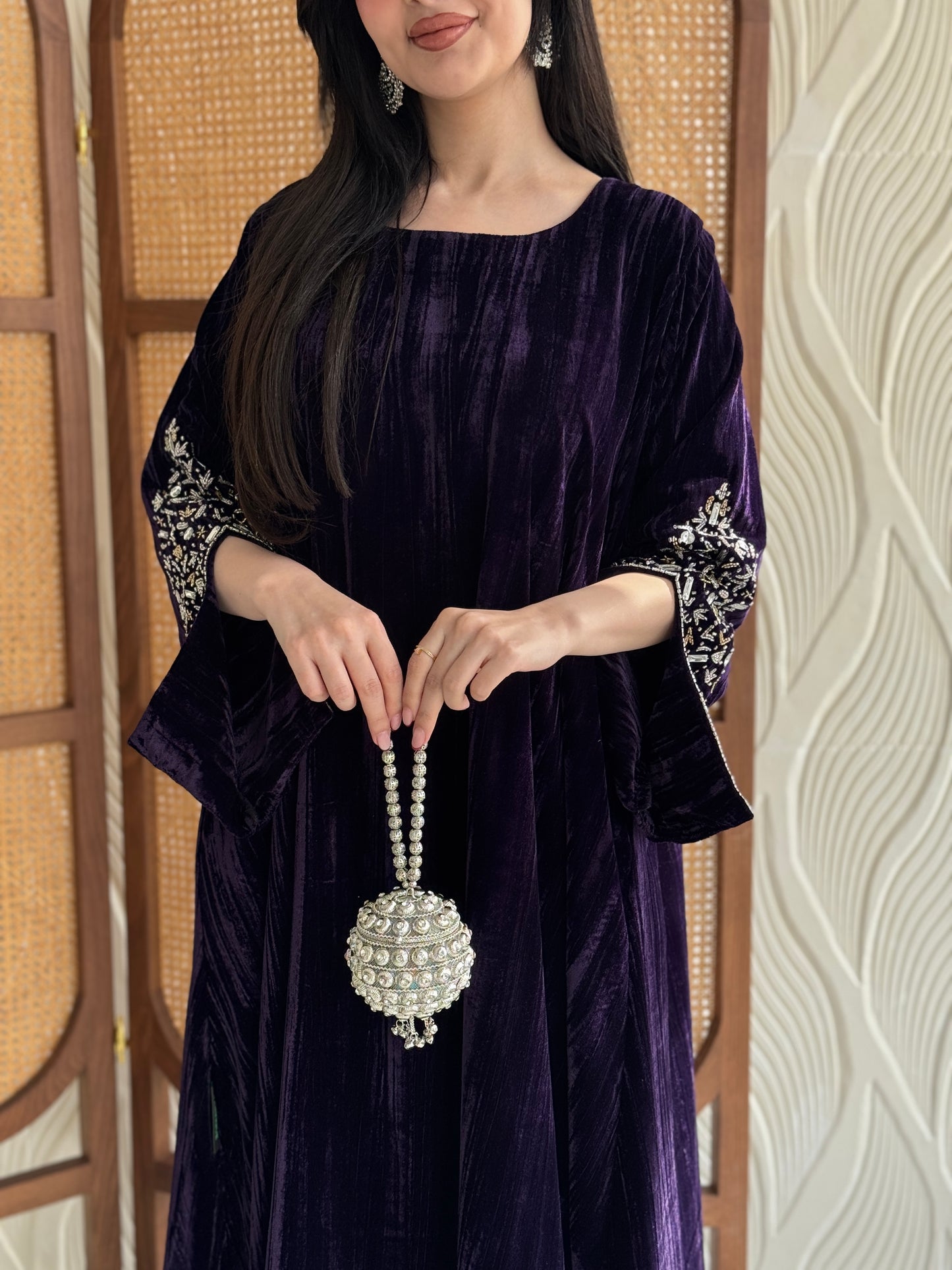 FAB250-Purple Velvet Crystals Embroidered A-Cut Jalabiya