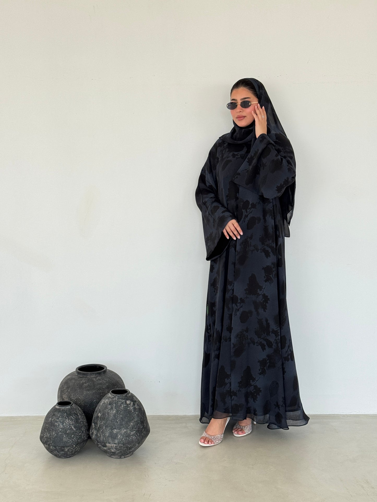 FAB216- Blue Printed A-Cut Shiffon Abaya Set