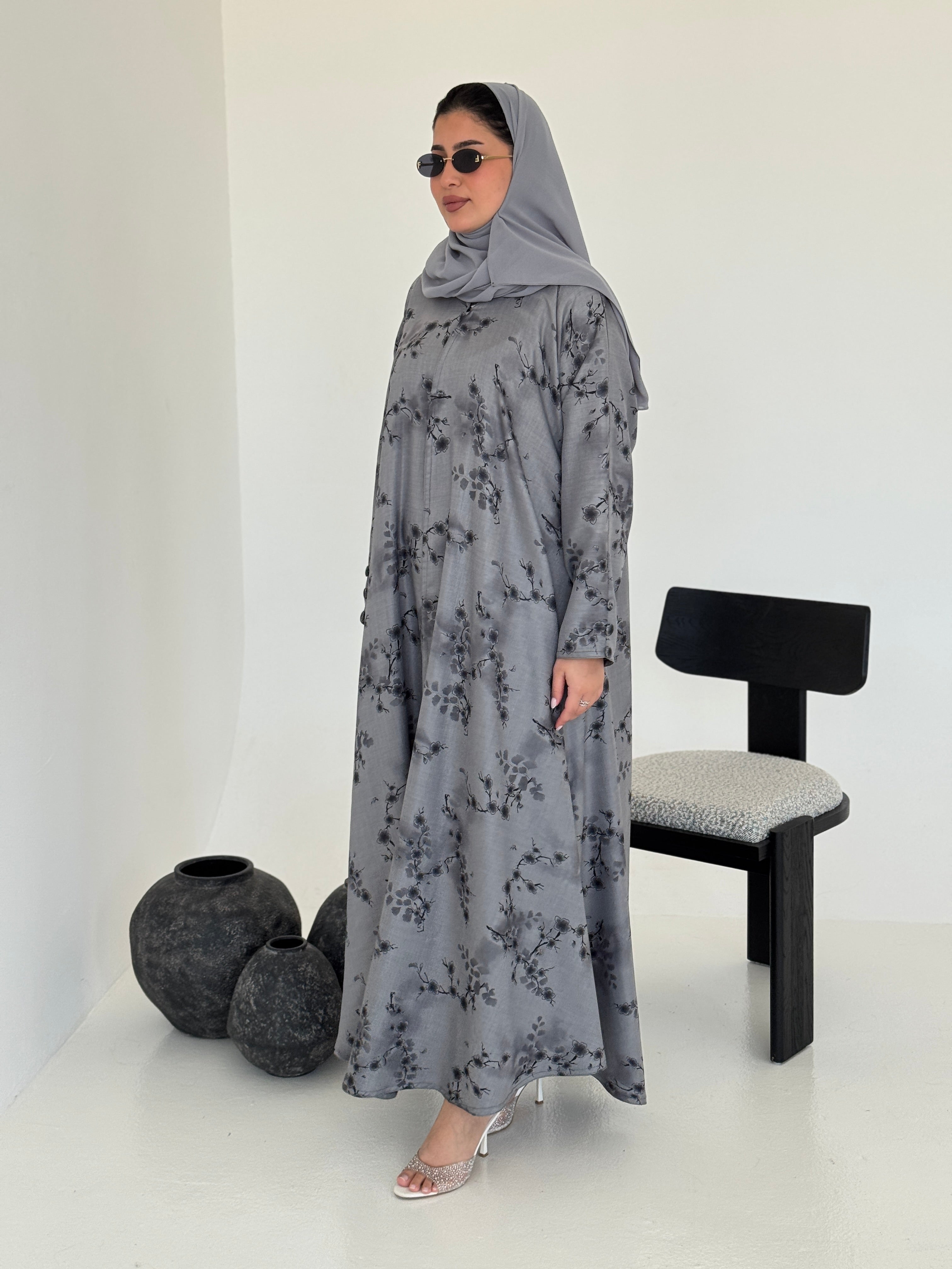 FAB222- Grey Printed Floral A-Cut Abaya