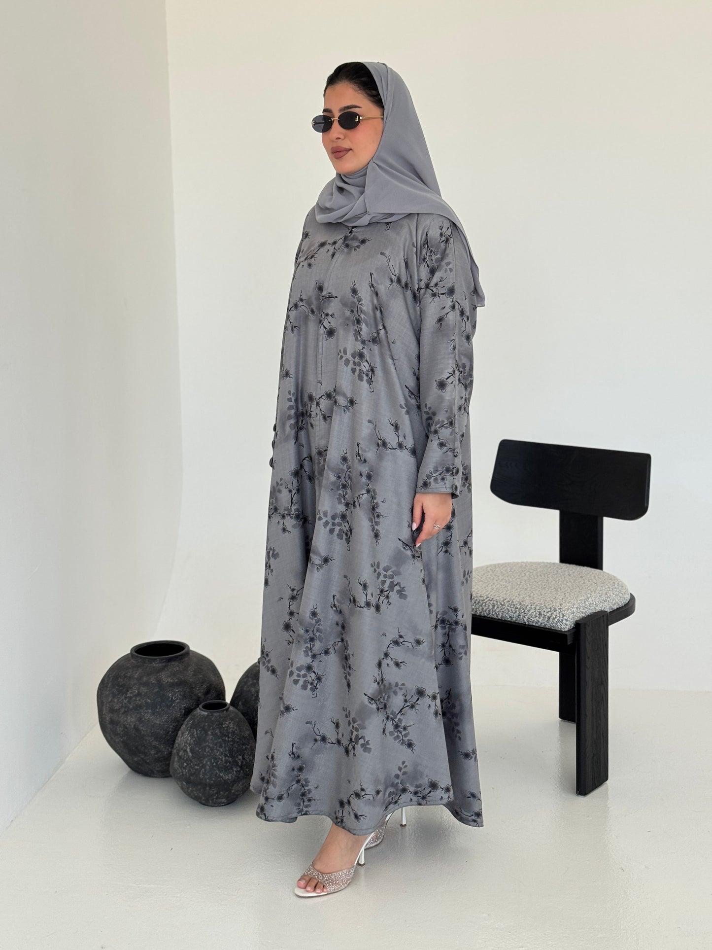 FAB222- Grey Printed Floral A-Cut Abaya