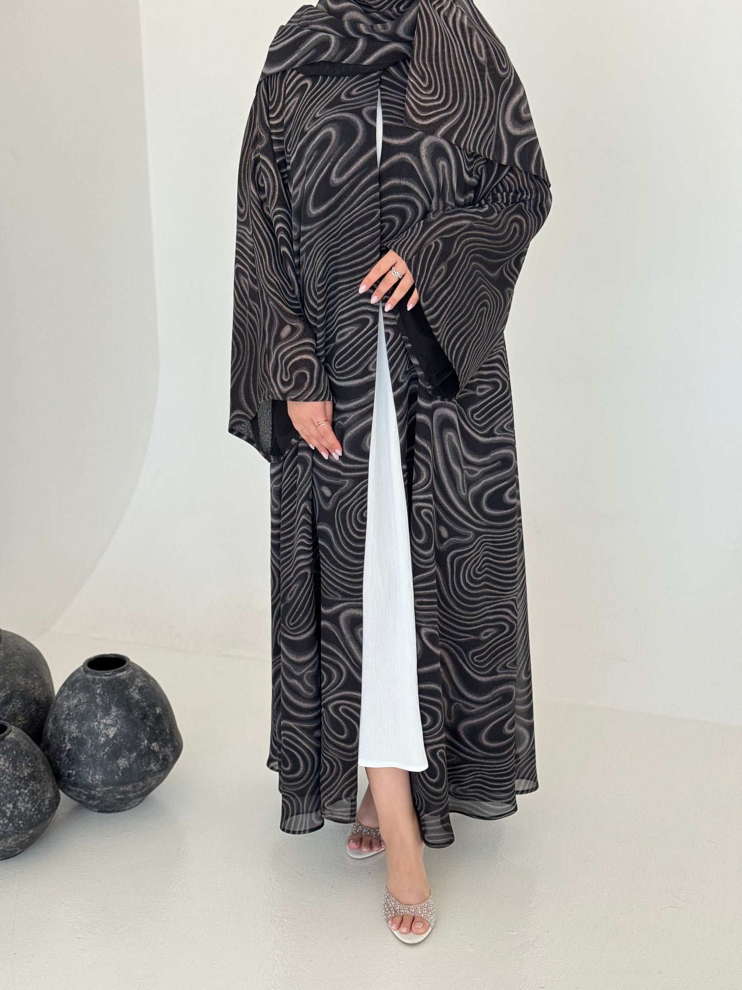 FAB221- Black Swirl with Gold Shimmer Chiffon Abaya Set