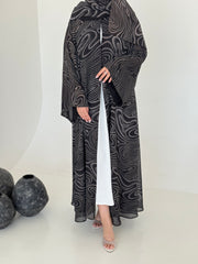 FAB221- Black Swirl with Gold Shimmer Chiffon Abaya Set