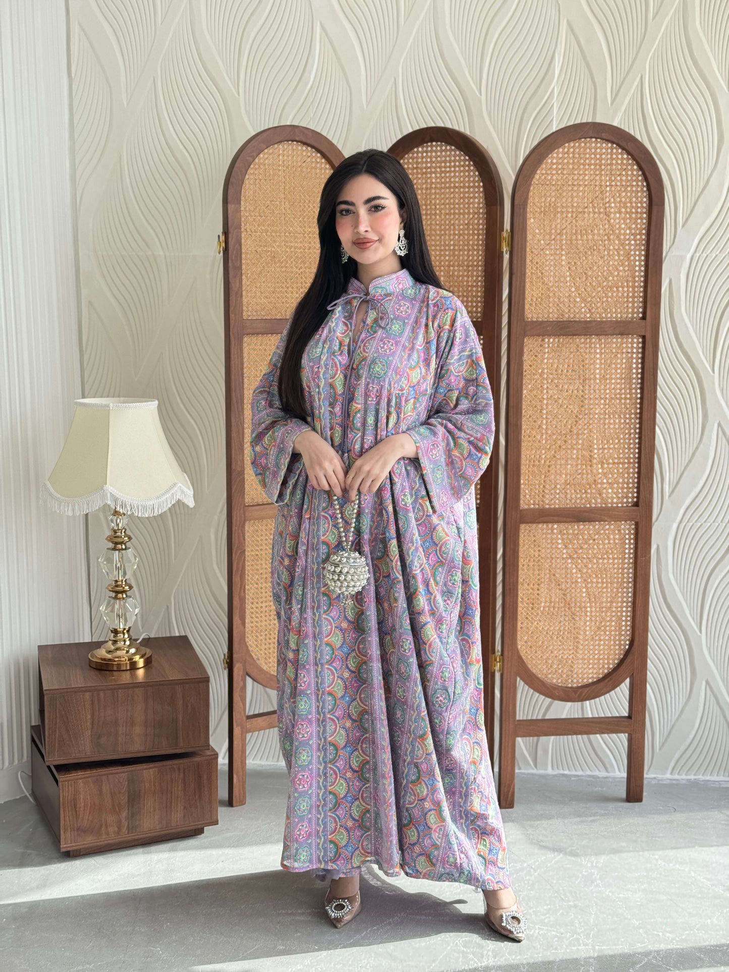 FAB278-Light Purple free size colorful crystals chiffon jalabiya and tie-neck detail