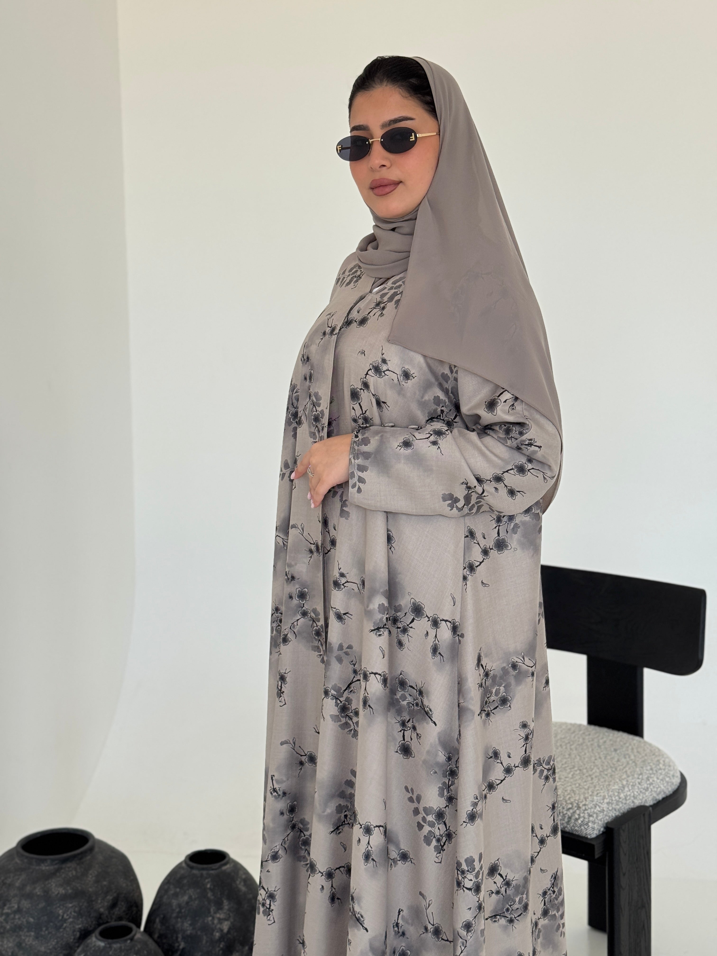 FAB223- Light Beige Printed Floral A-Cut Abaya