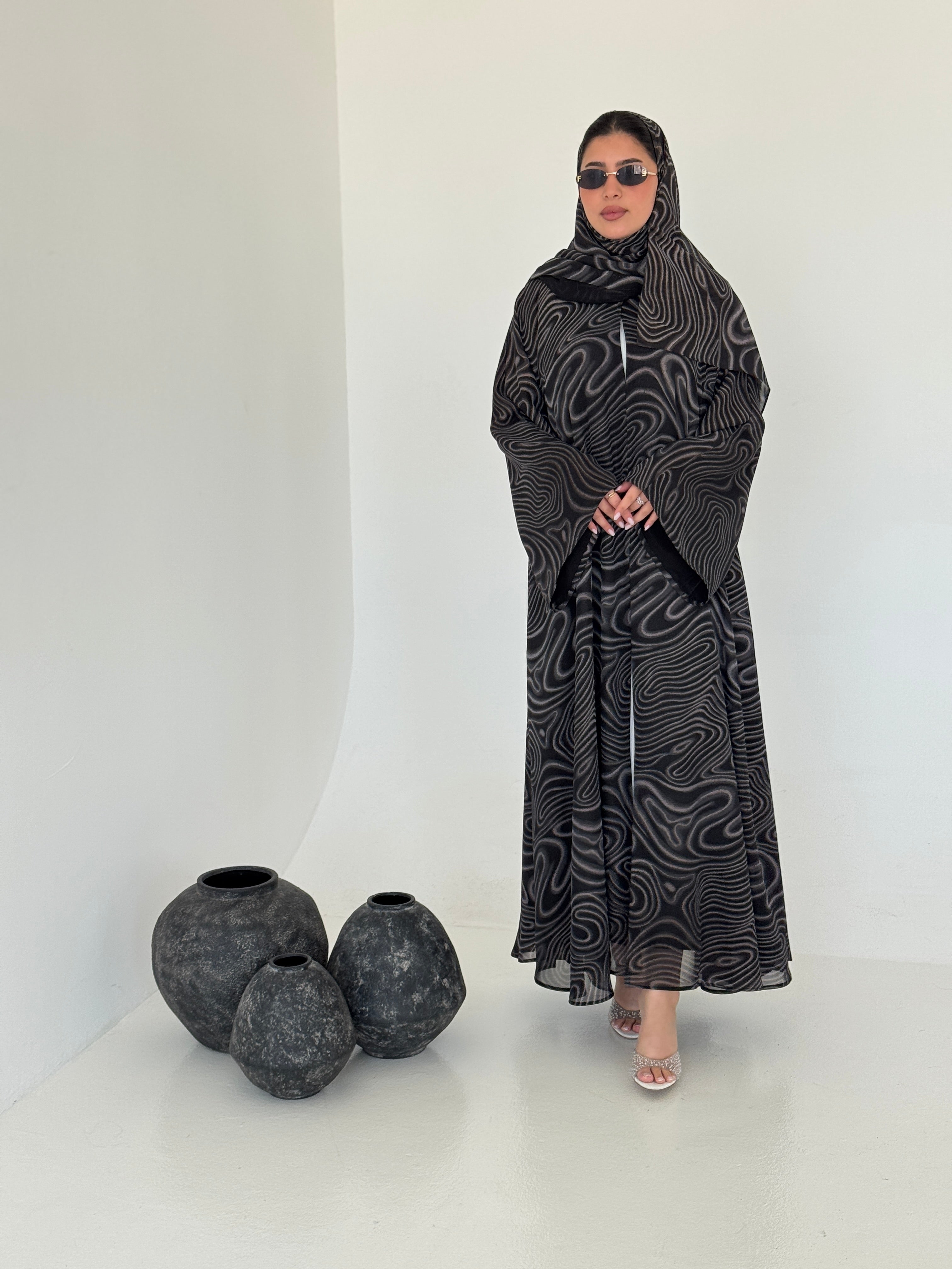 FAB221- Black Swirl with Gold Shimmer Chiffon Abaya Set