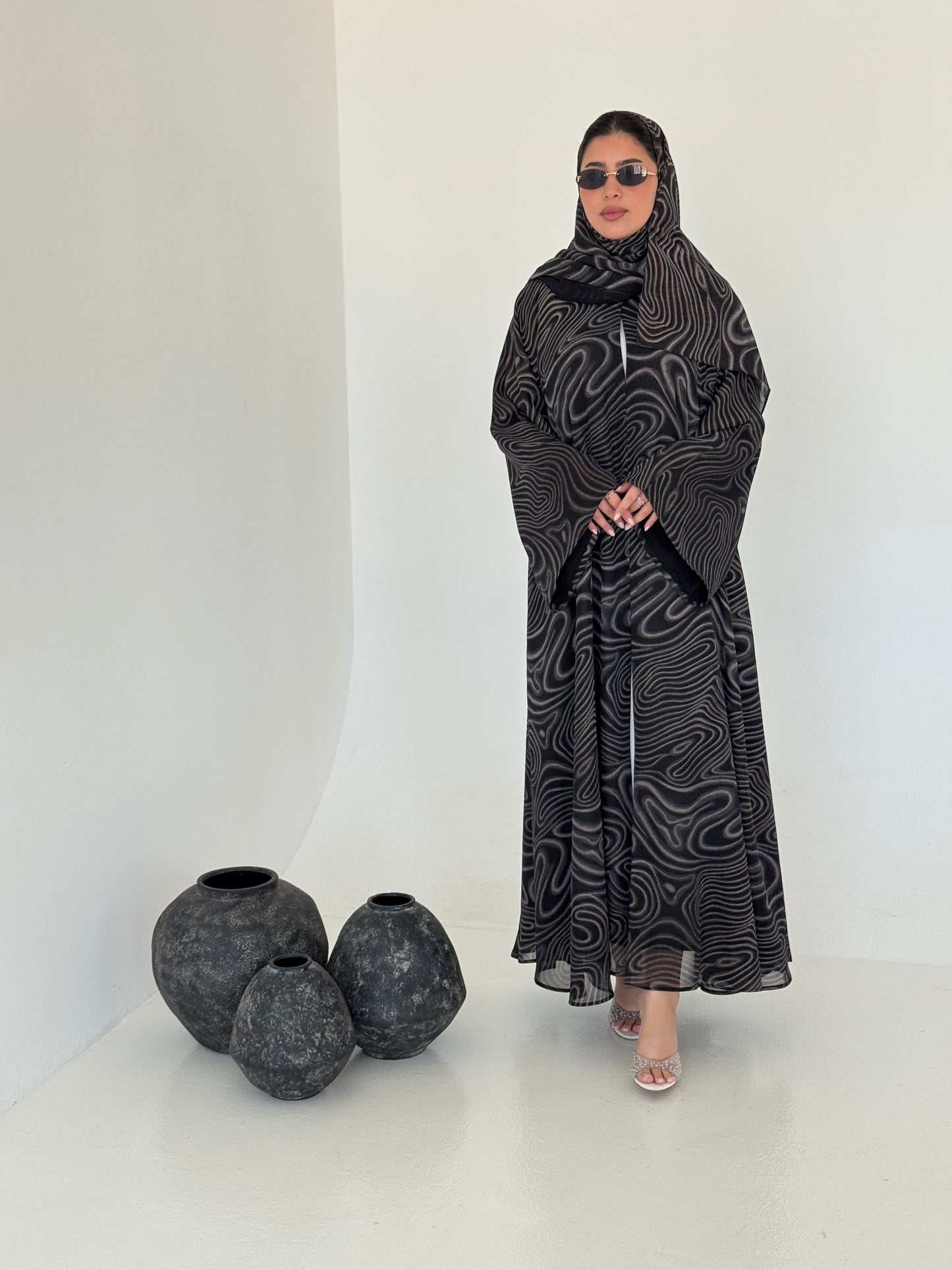 FAB221- Black Swirl with Gold Shimmer Chiffon Abaya Set