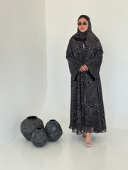 FAB221- Black Swirl with Gold Shimmer Chiffon Abaya Set