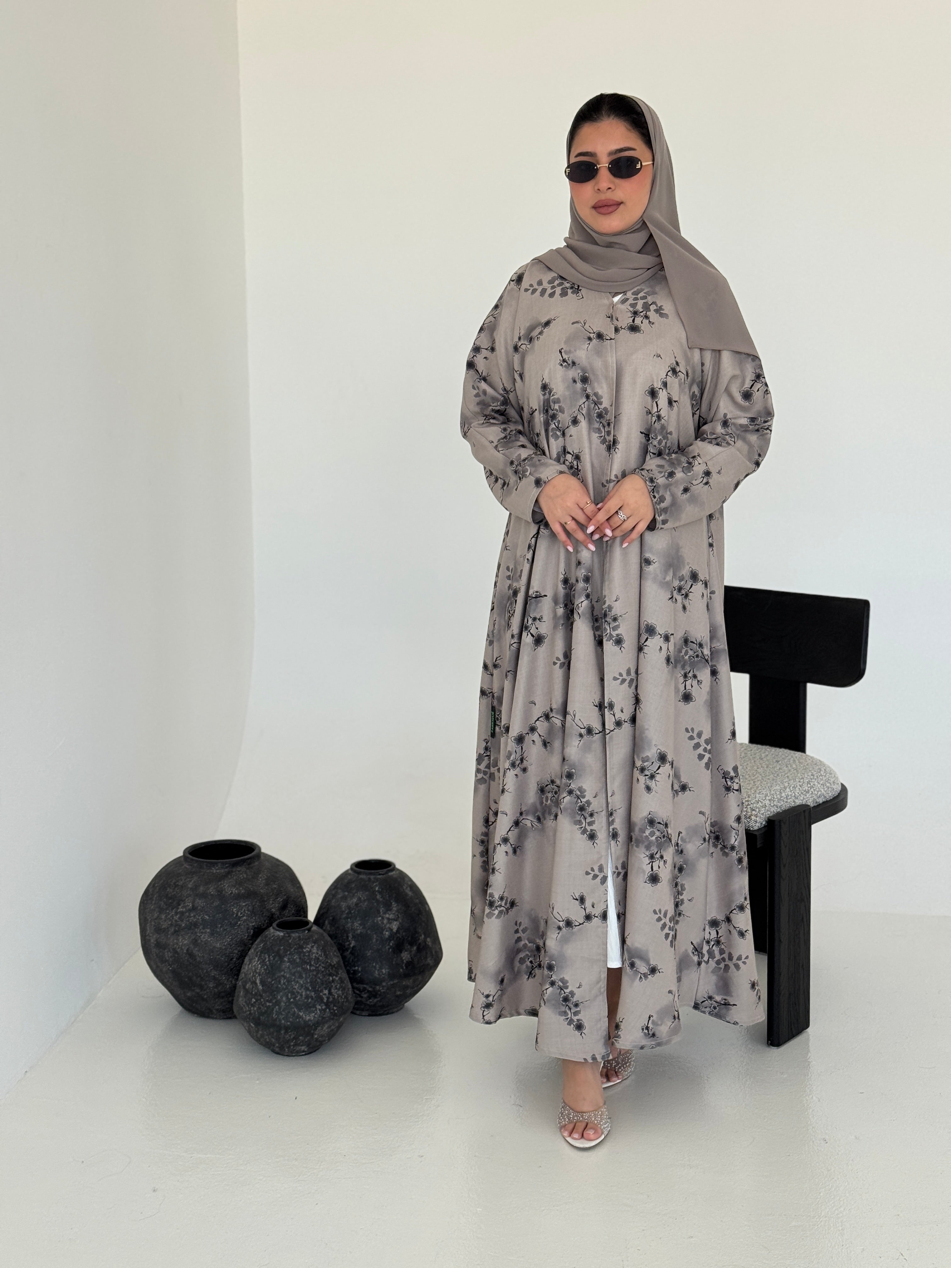 FAB223- Light Beige Printed Floral A-Cut Abaya