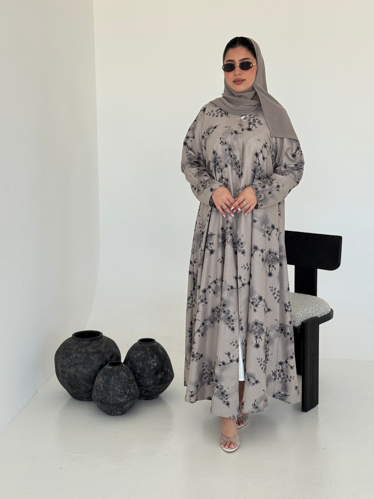FAB223- Light Beige Printed Floral A-Cut Abaya